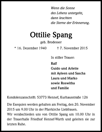 Anzeige von Ottilie Spang von Köln - Wir Trauern