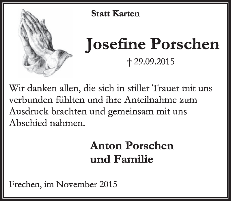  Traueranzeige für Josefine Porschen vom 31.10.2015 aus  Sonntags-Post 