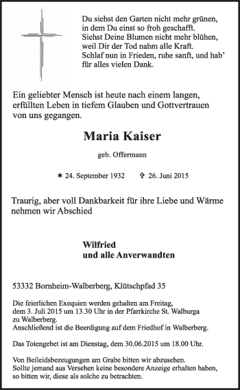 Anzeige von Maria Kaiser von  Schlossbote/Werbekurier 