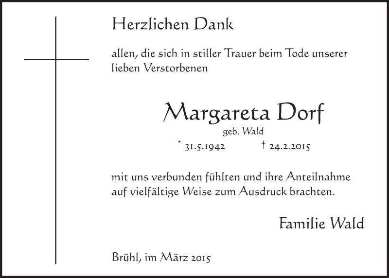  Traueranzeige für Margareta Dorf vom 25.03.2015 aus  Schlossbote/Werbekurier 