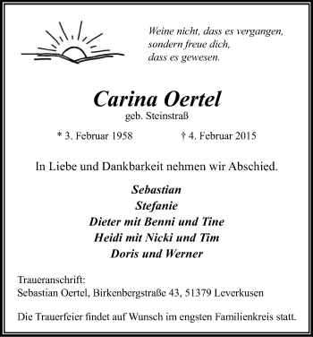 Anzeige von Carina Oertel von Kölner Stadt-Anzeiger / Kölnische Rundschau / Express