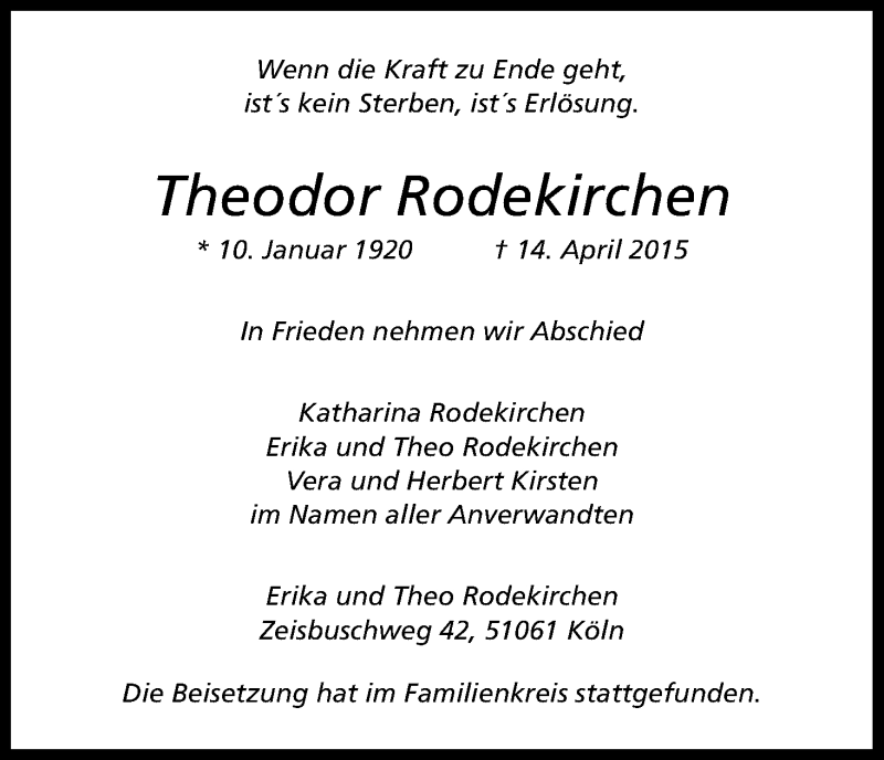  Traueranzeige für Theodor Rodekirchen vom 18.04.2015 aus Kölner Stadt-Anzeiger / Kölnische Rundschau / Express