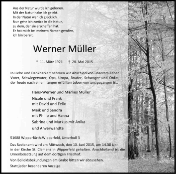 Anzeige von Werner Müller von Kölner Stadt-Anzeiger / Kölnische Rundschau / Express