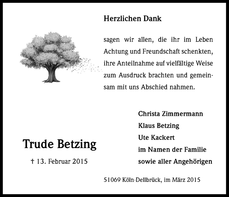  Traueranzeige für Trude Betzing vom 28.03.2015 aus Kölner Stadt-Anzeiger / Kölnische Rundschau / Express