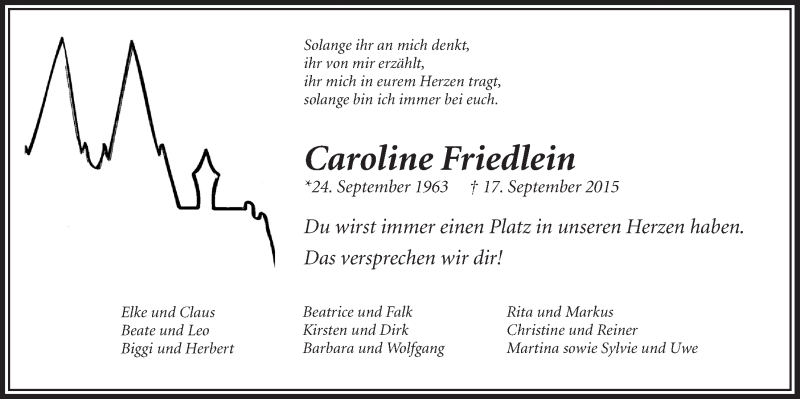  Traueranzeige für Caroline Friedlein vom 23.09.2015 aus  Bergisches Handelsblatt 