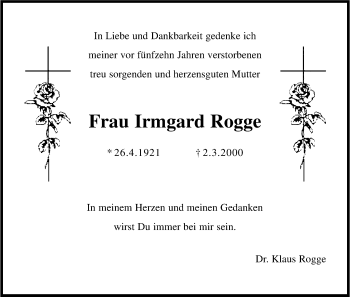 Anzeige von Irmgard Rogge von Kölner Stadt-Anzeiger / Kölnische Rundschau / Express
