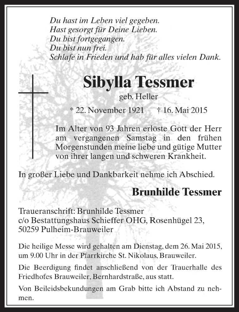  Traueranzeige für Sibylla Tessmer vom 20.05.2015 aus  Wochenende 
