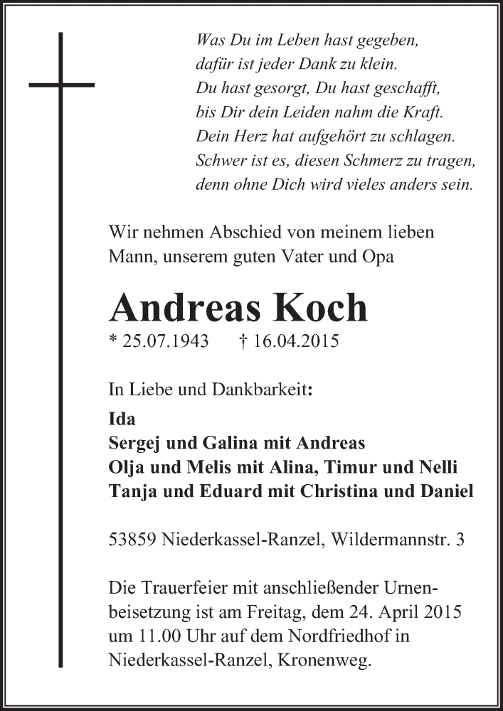  Traueranzeige für Andreas Koch vom 22.04.2015 aus  Extra Blatt 