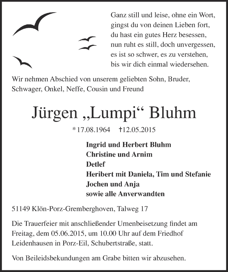  Traueranzeige für Jürgen Bluhm vom 27.05.2015 aus  Kölner Wochenspiegel 