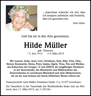 Anzeige von Hilde Müller von Kölner Stadt-Anzeiger / Kölnische Rundschau / Express