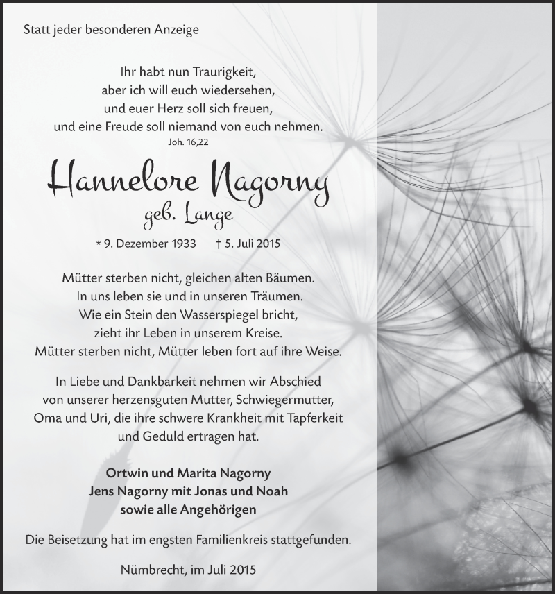  Traueranzeige für Hannelore Nagorny vom 22.07.2015 aus  Lokalanzeiger 