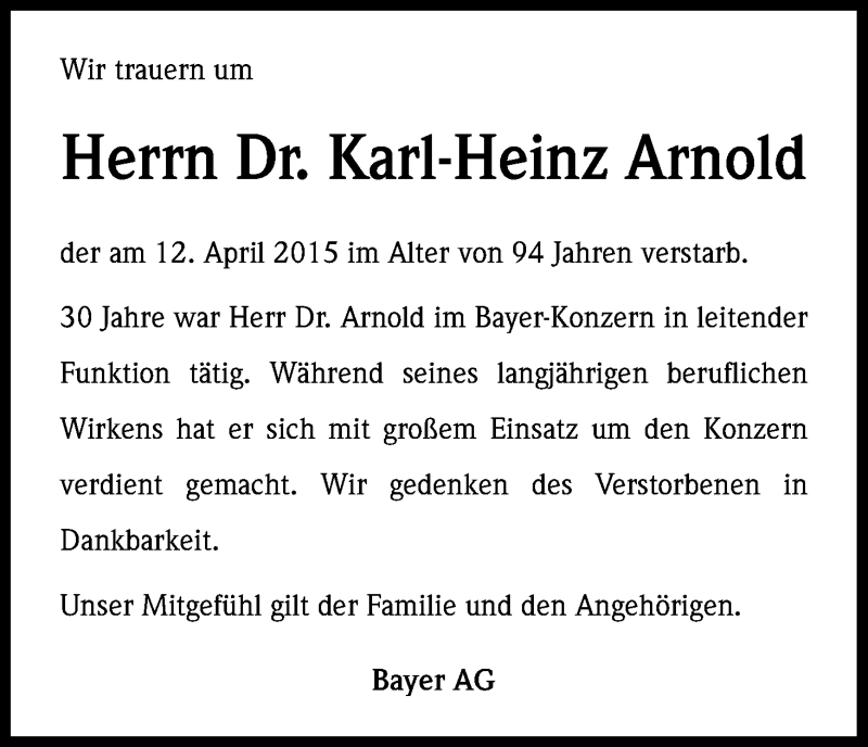  Traueranzeige für Karl-Heinz Arnold vom 25.04.2015 aus Kölner Stadt-Anzeiger / Kölnische Rundschau / Express