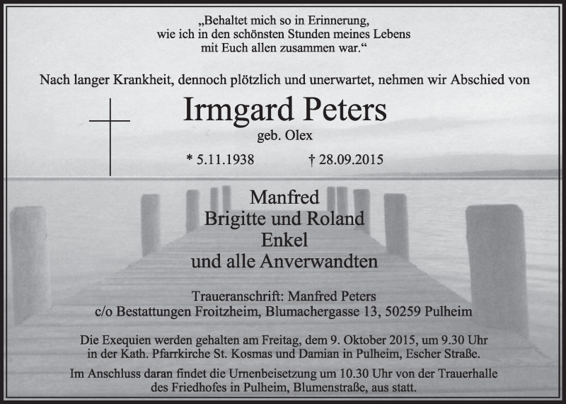  Traueranzeige für Irmgard Peters vom 02.10.2015 aus  Sonntags-Post 