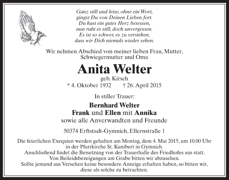  Traueranzeige für Anita Welter vom 29.04.2015 aus  Werbepost 