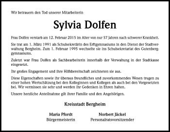 Anzeige von Sylvia Dolfen von Kölner Stadt-Anzeiger / Kölnische Rundschau / Express