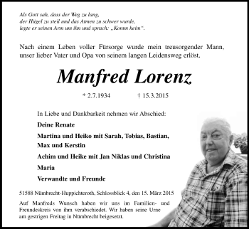Anzeige von Manfred Lorenz von Kölner Stadt-Anzeiger / Kölnische Rundschau / Express