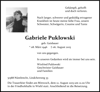 Anzeige von Gabriele Puklowski von Kölner Stadt-Anzeiger / Kölnische Rundschau / Express