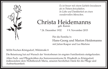 Anzeige von Christa Heidemanns von  Sonntags-Post 
