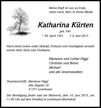 Anzeige von Katharina Kürten von Kölner Stadt-Anzeiger / Kölnische Rundschau / Express