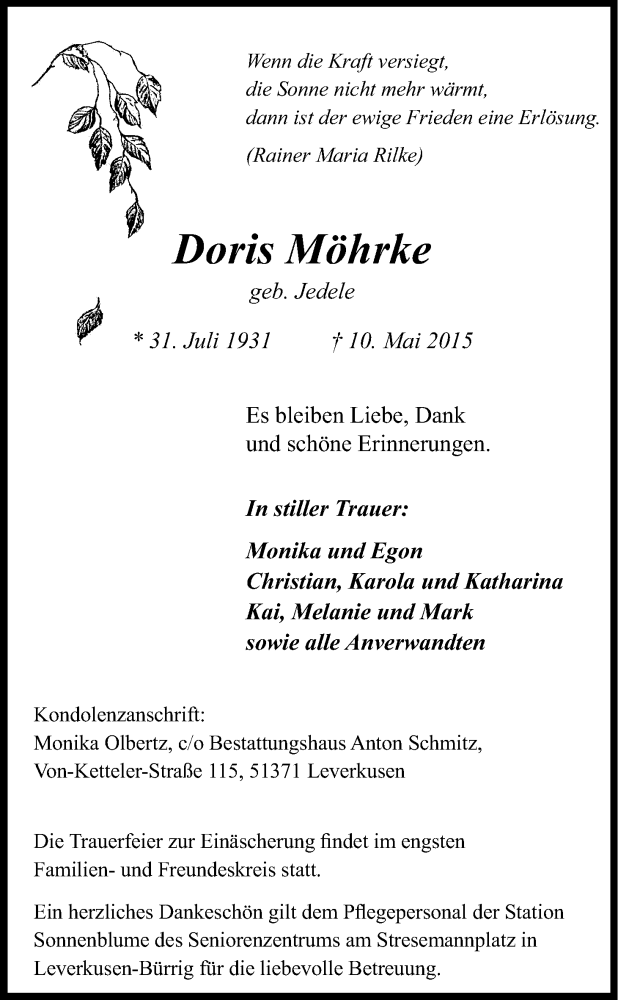  Traueranzeige für Doris Möhrke vom 16.05.2015 aus Kölner Stadt-Anzeiger / Kölnische Rundschau / Express