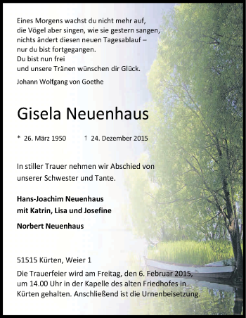 Anzeige von Gisela Neuenhaus von Kölner Stadt-Anzeiger / Kölnische Rundschau / Express