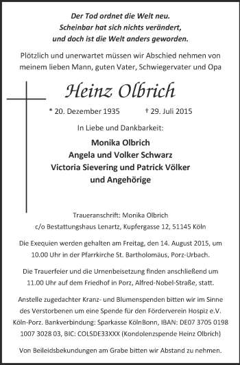 Anzeige von Heinz Olbrich von  Kölner Wochenspiegel 
