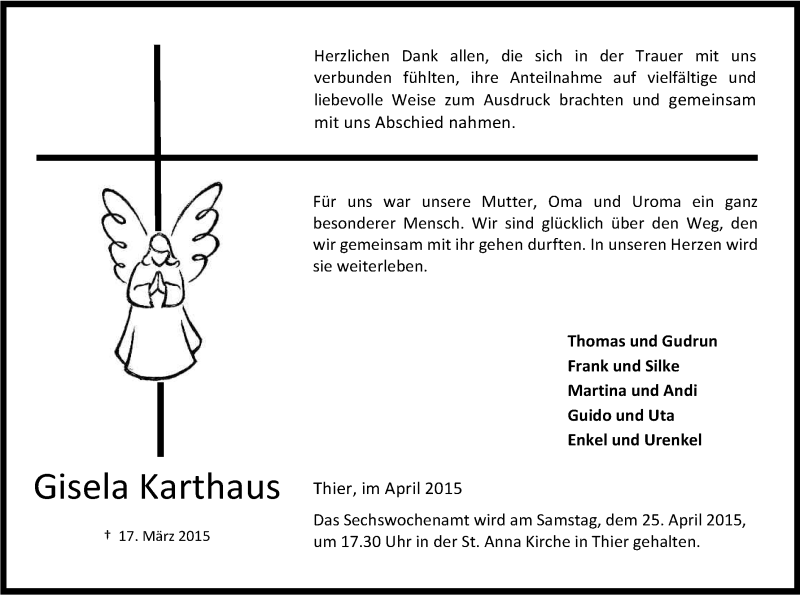  Traueranzeige für Gisela Karthaus vom 18.04.2015 aus Kölner Stadt-Anzeiger / Kölnische Rundschau / Express