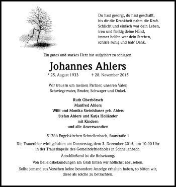 Anzeige von Johannes Ahlers von Kölner Stadt-Anzeiger / Kölnische Rundschau / Express