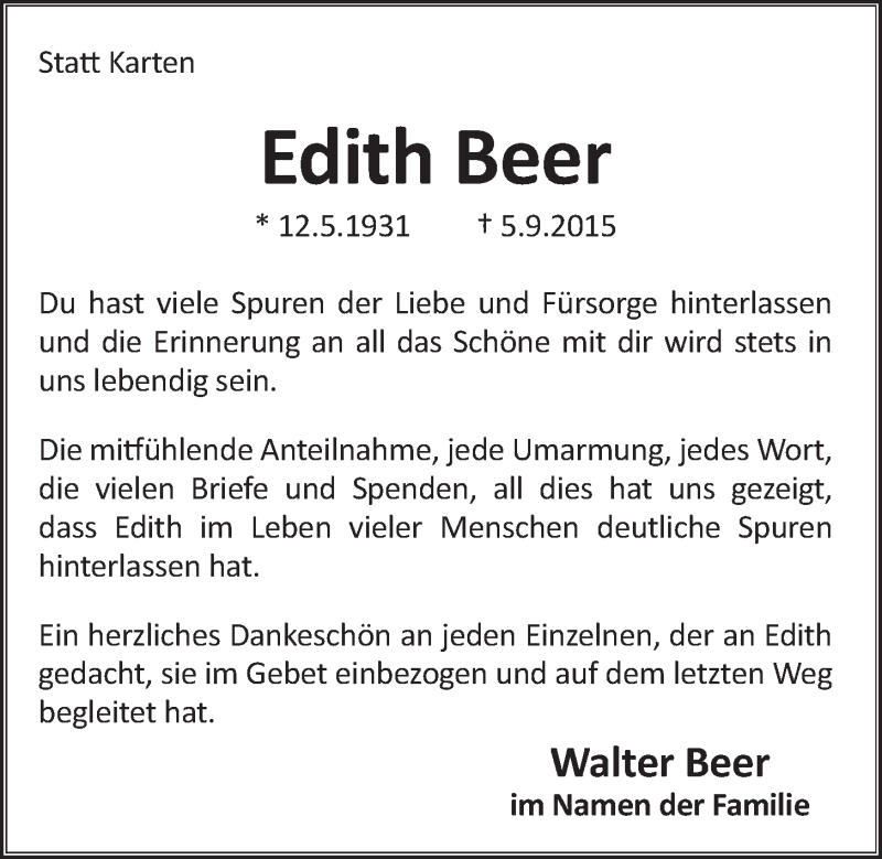  Traueranzeige für Edith Beer vom 04.11.2015 aus  Schlossbote/Werbekurier 