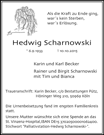 Anzeige von Hedwig Scharnowski von Kölner Stadt-Anzeiger / Kölnische Rundschau / Express