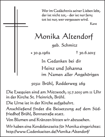 Anzeige von Monika Altendorf von  Schlossbote/Werbekurier 