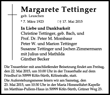 Anzeige von Margarete Tettinger von Kölner Stadt-Anzeiger / Kölnische Rundschau / Express