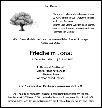 Anzeige von Friedhelm Jonas von Kölner Stadt-Anzeiger / Kölnische Rundschau / Express