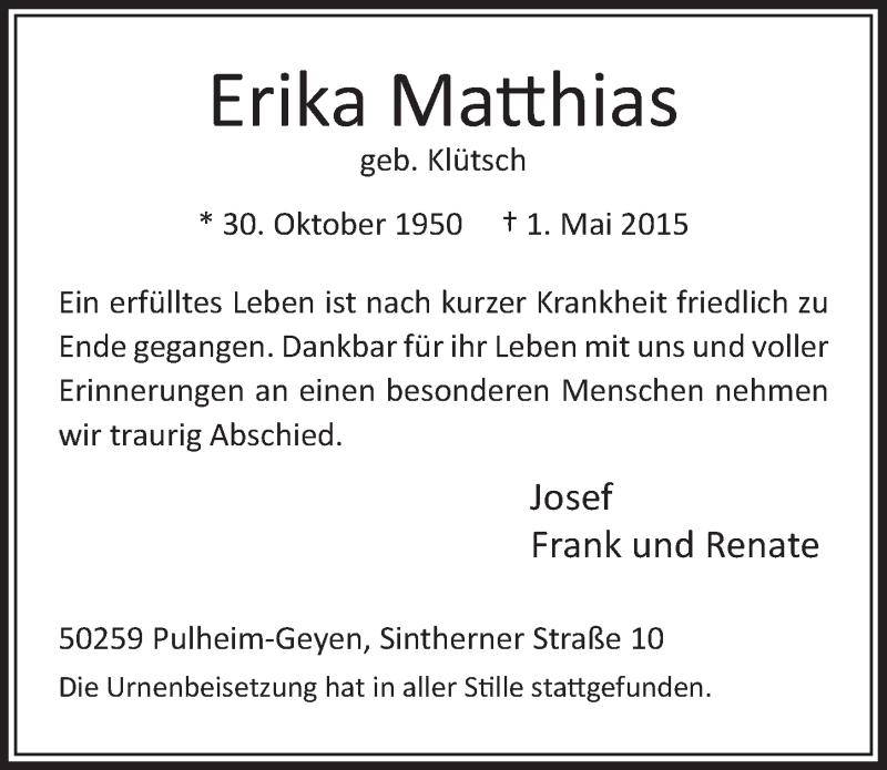  Traueranzeige für Erika Matthias vom 16.05.2015 aus  Sonntags-Post 