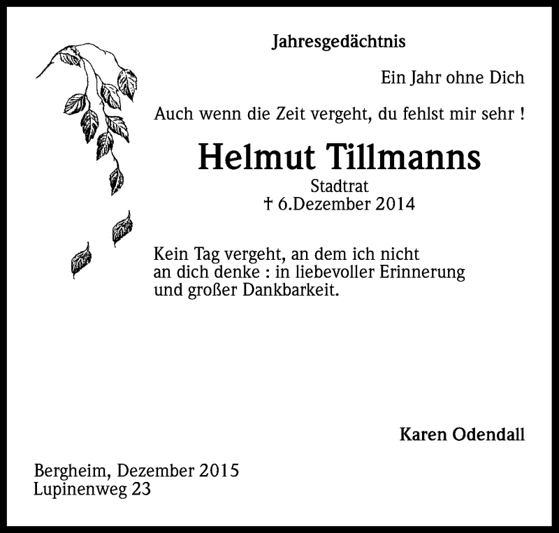  Traueranzeige für Helmut Tillmanns vom 05.12.2015 aus Kölner Stadt-Anzeiger / Kölnische Rundschau / Express