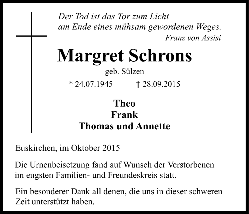  Traueranzeige für Margret Schrons vom 10.10.2015 aus Kölner Stadt-Anzeiger / Kölnische Rundschau / Express