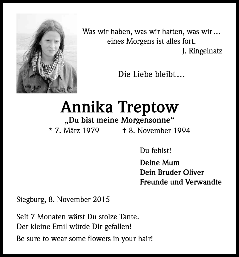  Traueranzeige für Annika Treptow vom 07.11.2015 aus Kölner Stadt-Anzeiger / Kölnische Rundschau / Express