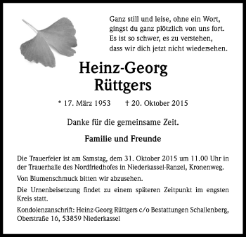 Anzeige von Heinz-Georg Rüttgers von Kölner Stadt-Anzeiger / Kölnische Rundschau / Express