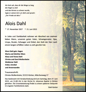 Anzeige von Alois Dahl von Kölner Stadt-Anzeiger / Kölnische Rundschau / Express