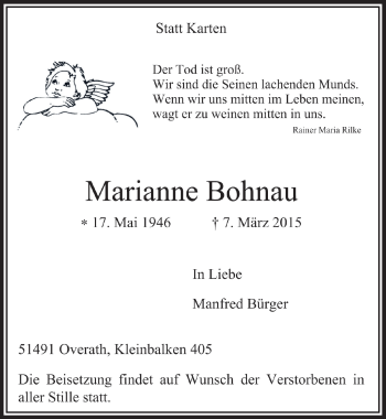Anzeige von Marianne Bohnau von  Bergisches Handelsblatt 