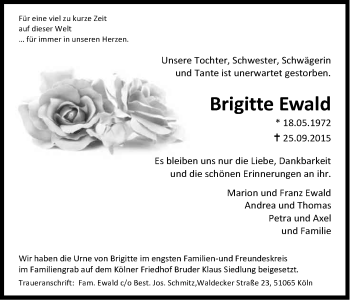 Anzeige von Brigitte Ewald von Kölner Stadt-Anzeiger / Kölnische Rundschau / Express