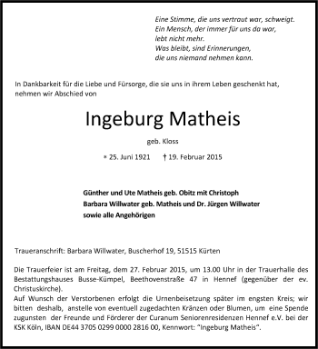 Anzeige von Ingeburg Matheis von Kölner Stadt-Anzeiger / Kölnische Rundschau / Express