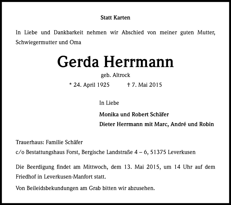  Traueranzeige für Gerda Herrmann vom 12.05.2015 aus Kölner Stadt-Anzeiger / Kölnische Rundschau / Express