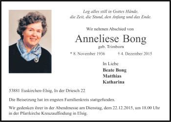 Anzeige von Anneliese Bong von Kölner Stadt-Anzeiger / Kölnische Rundschau / Express