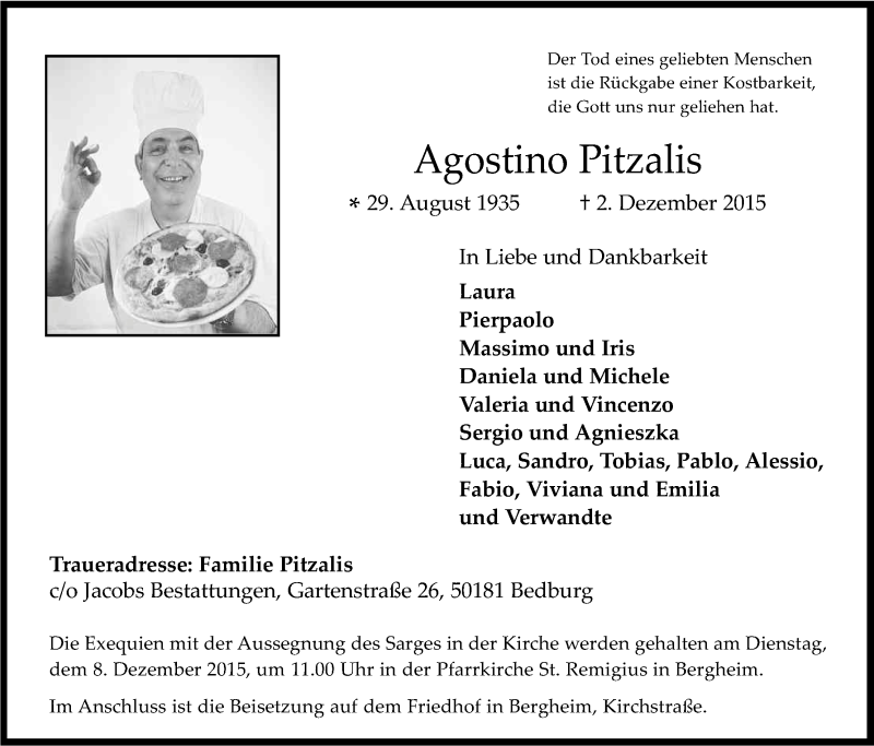  Traueranzeige für Agostino Pitzalis vom 05.12.2015 aus Kölner Stadt-Anzeiger / Kölnische Rundschau / Express