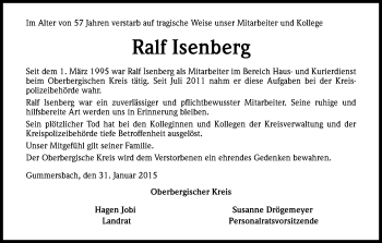 Anzeige von Ralf Isenberg von Kölner Stadt-Anzeiger / Kölnische Rundschau / Express