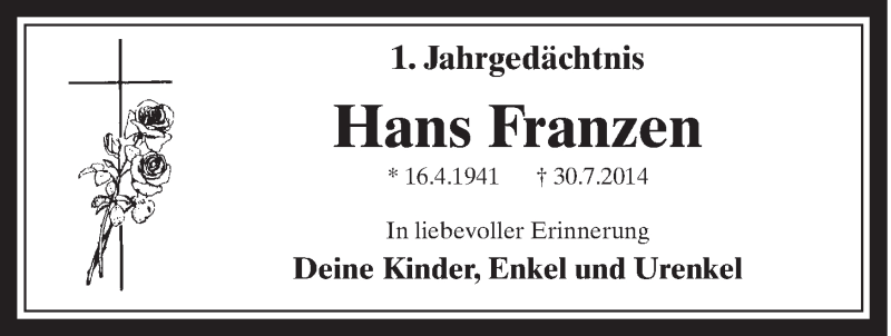  Traueranzeige für Hans Franzen vom 05.08.2015 aus  Schaufenster/Blickpunkt 