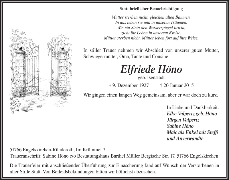  Traueranzeige für Elfriede Höno vom 28.01.2015 aus  Anzeigen Echo 