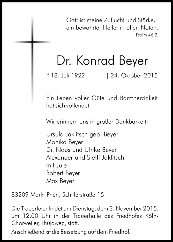  Traueranzeige für Konrad Beyer vom 31.10.2015 aus Kölner Stadt-Anzeiger / Kölnische Rundschau / Express