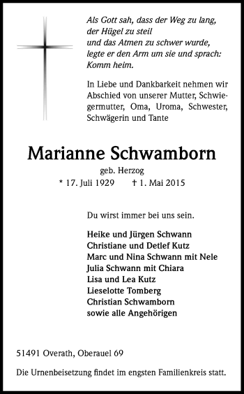Anzeige von Marianne Schwamborn von Kölner Stadt-Anzeiger / Kölnische Rundschau / Express